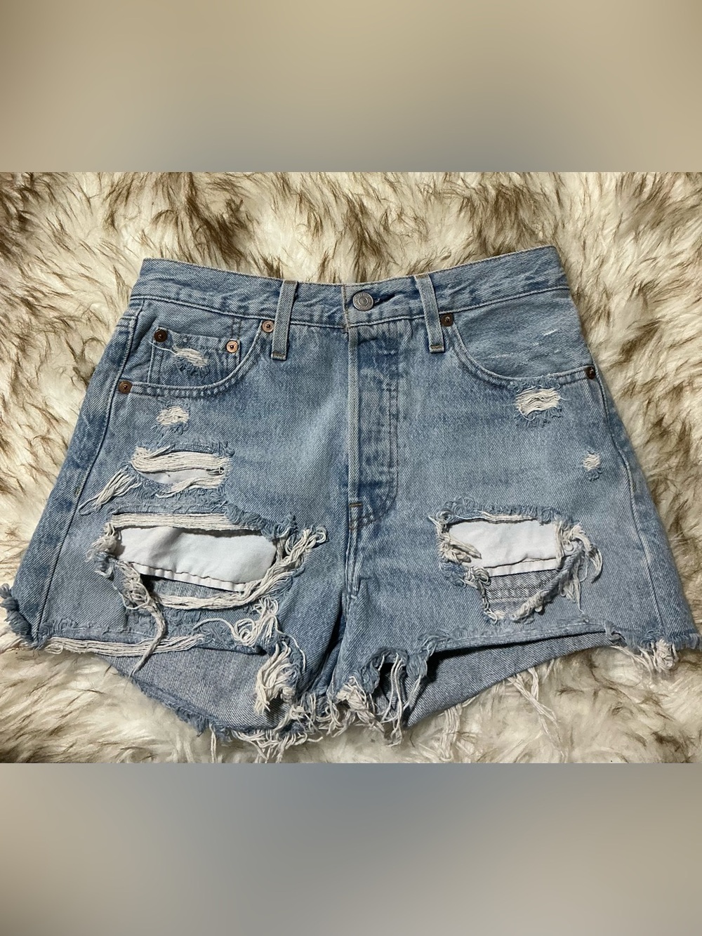 High-Rise Light Blue Distressed Denim Shorts size 2 wide 25